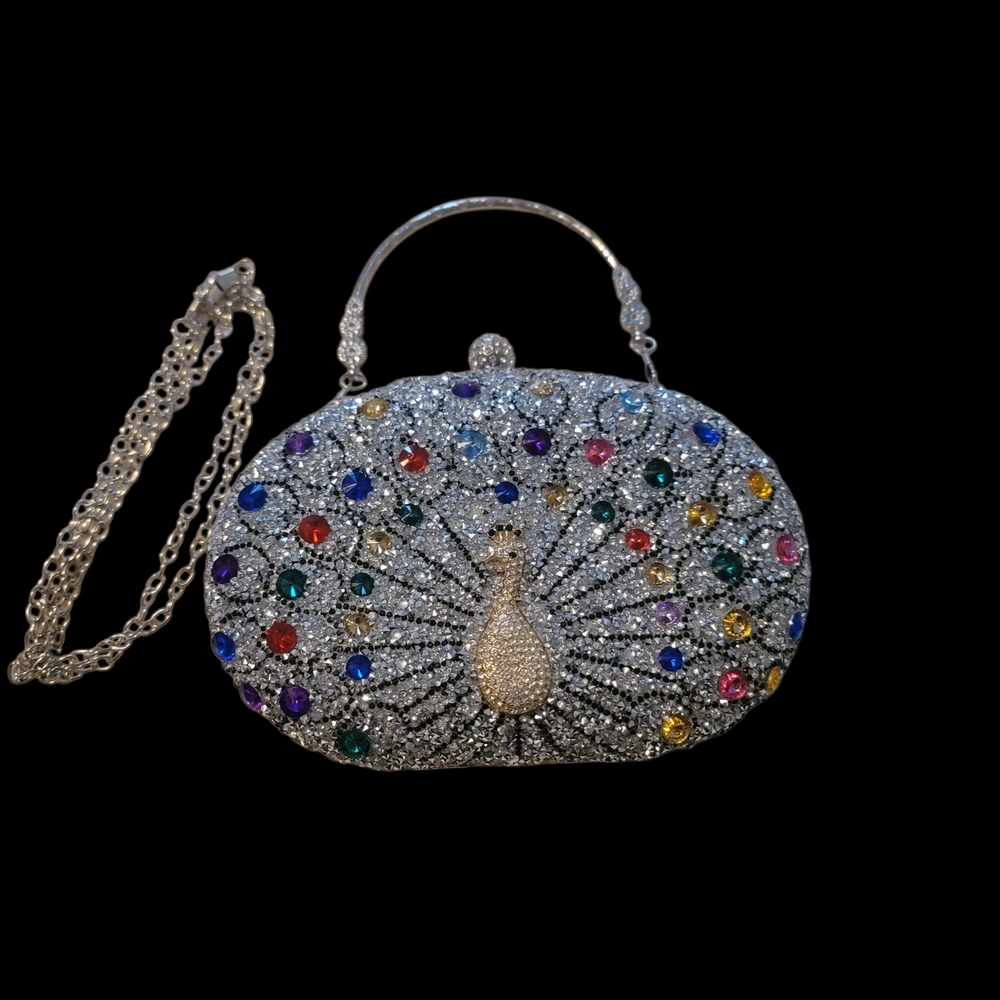 Elegant Silver Peacock Clutch